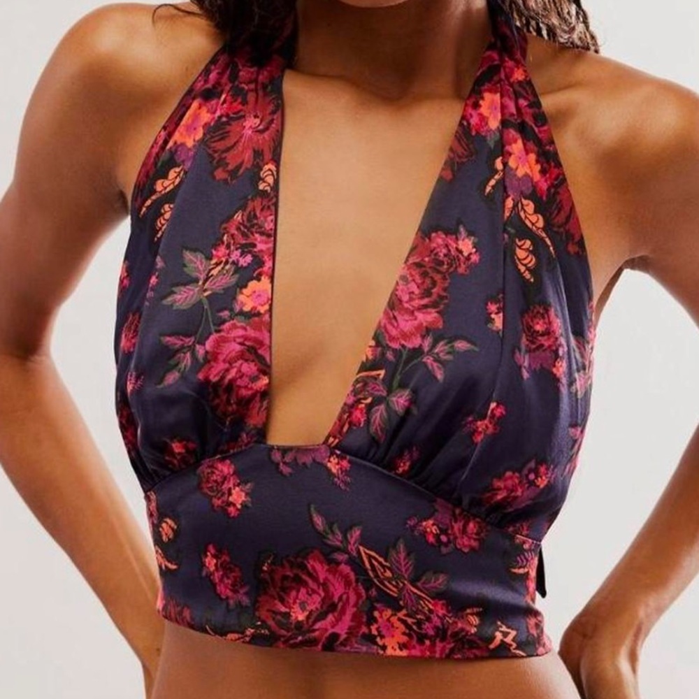 Free People Floral Crop Top - Black and Pink